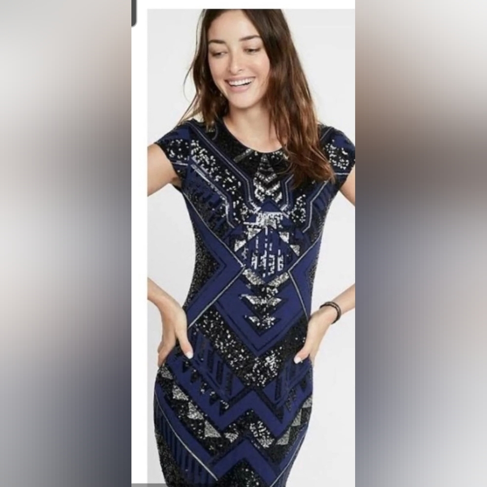 Express Art Deco Sequin Mini Dress Bodycon Womens Small Blue Black Bling,Elegant
